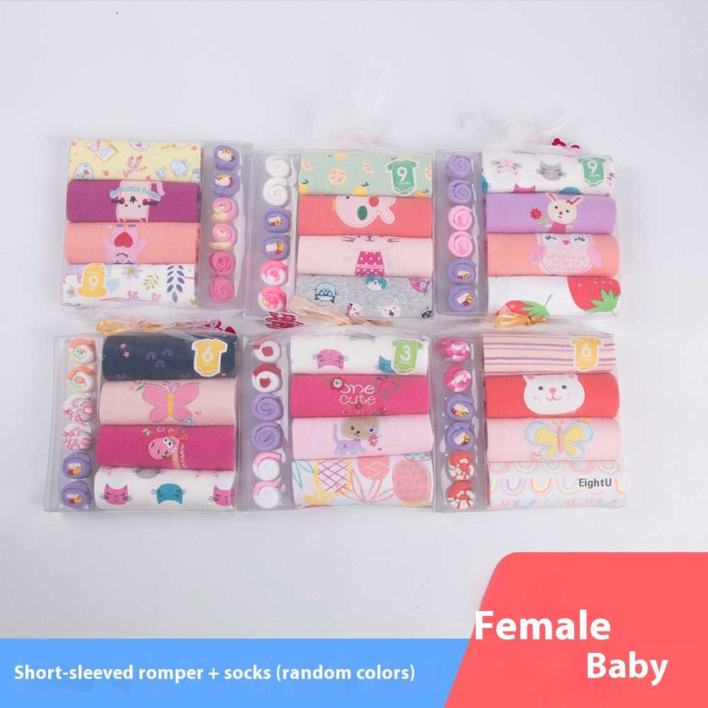 Baby Romper, Towel & Socks Gift Set – Cartoon Animal Print