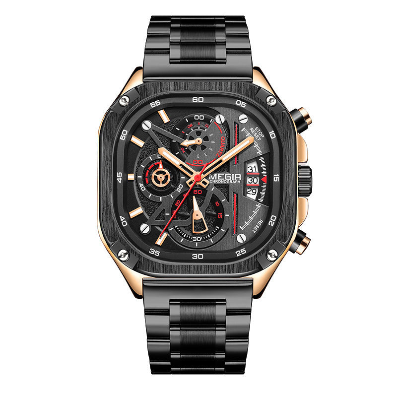 Men’s Square Steel Strap Waterproof Luminous Multi-Function Watch