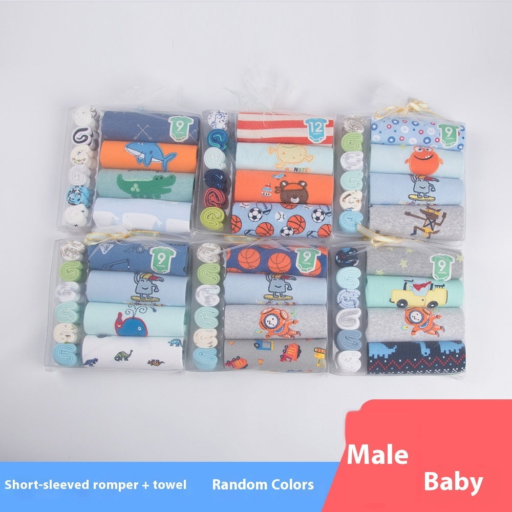 Baby Romper, Towel & Socks Gift Set – Cartoon Animal Print