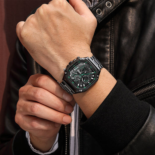 Men’s Square Steel Strap Waterproof Luminous Multi-Function Watch