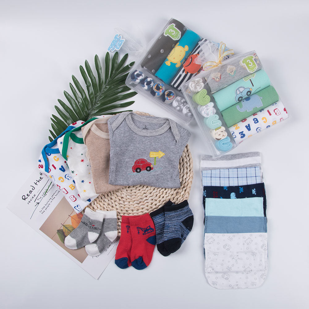 Baby Romper, Towel & Socks Gift Set – Cartoon Animal Print