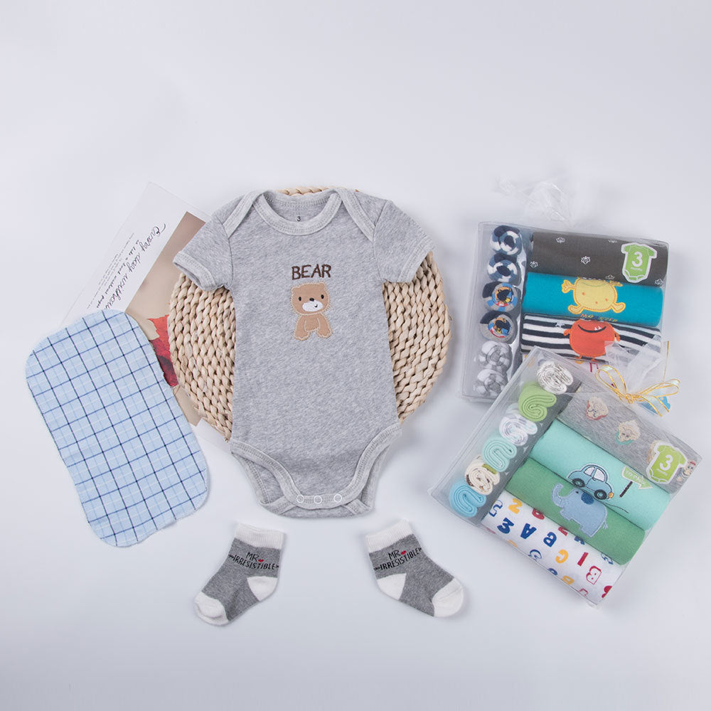 Baby Romper, Towel & Socks Gift Set – Cartoon Animal Print