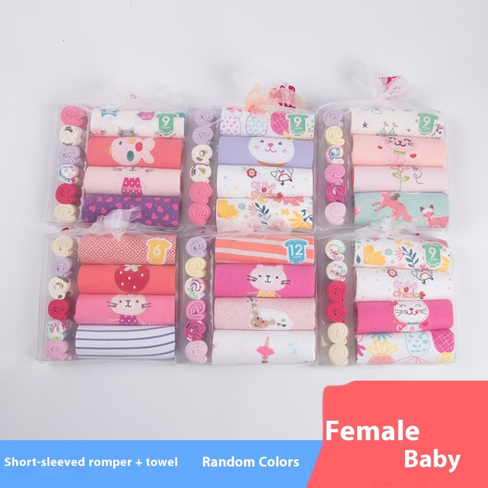 Baby Romper, Towel & Socks Gift Set – Cartoon Animal Print