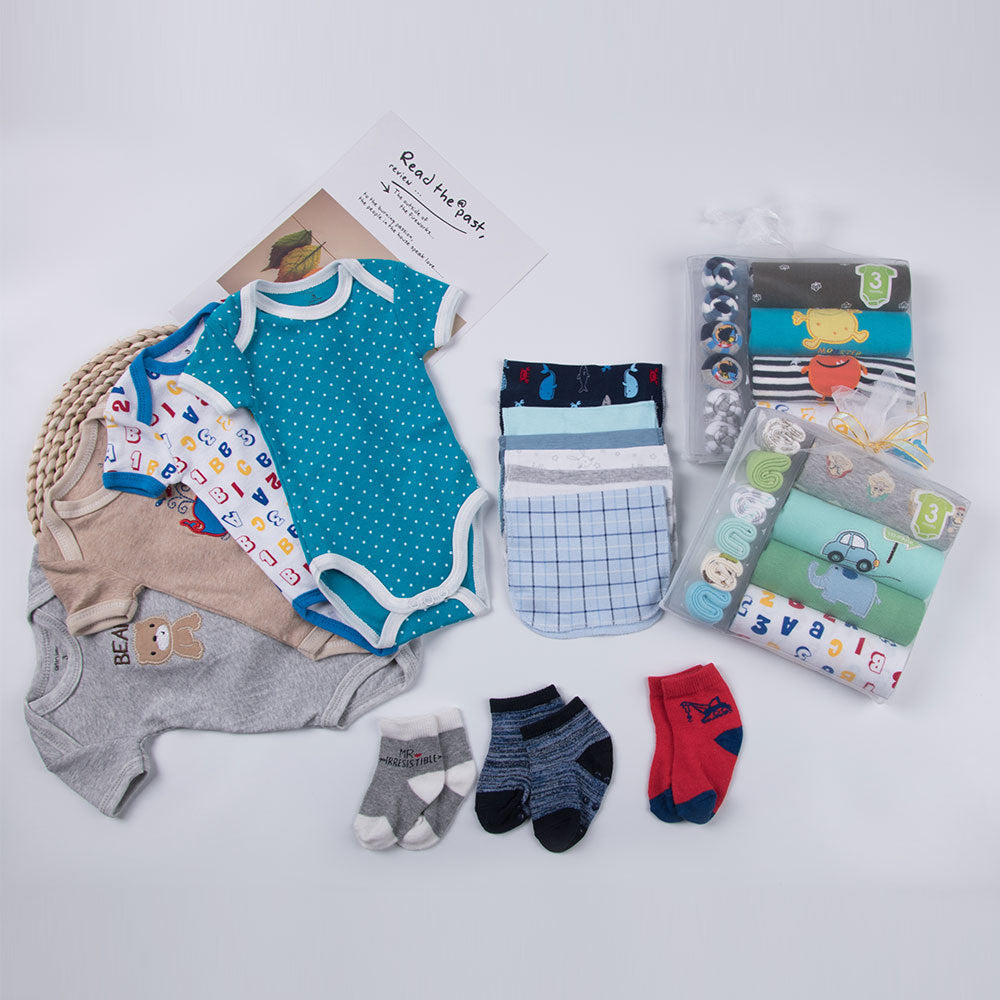Baby Romper, Towel & Socks Gift Set – Cartoon Animal Print
