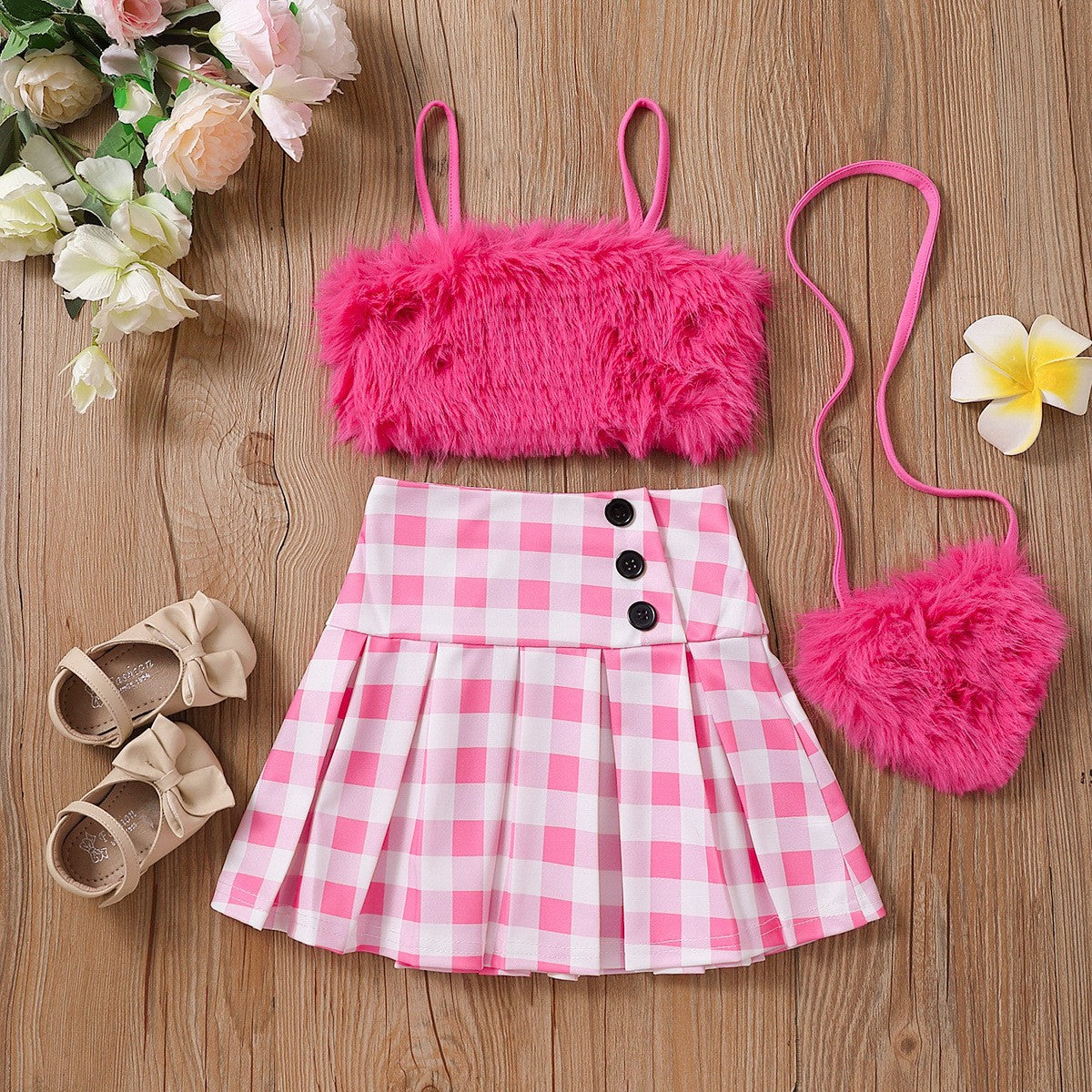 Girls' Plaid 3-Piece Outfit with Skirt, Slip & Matching Bag