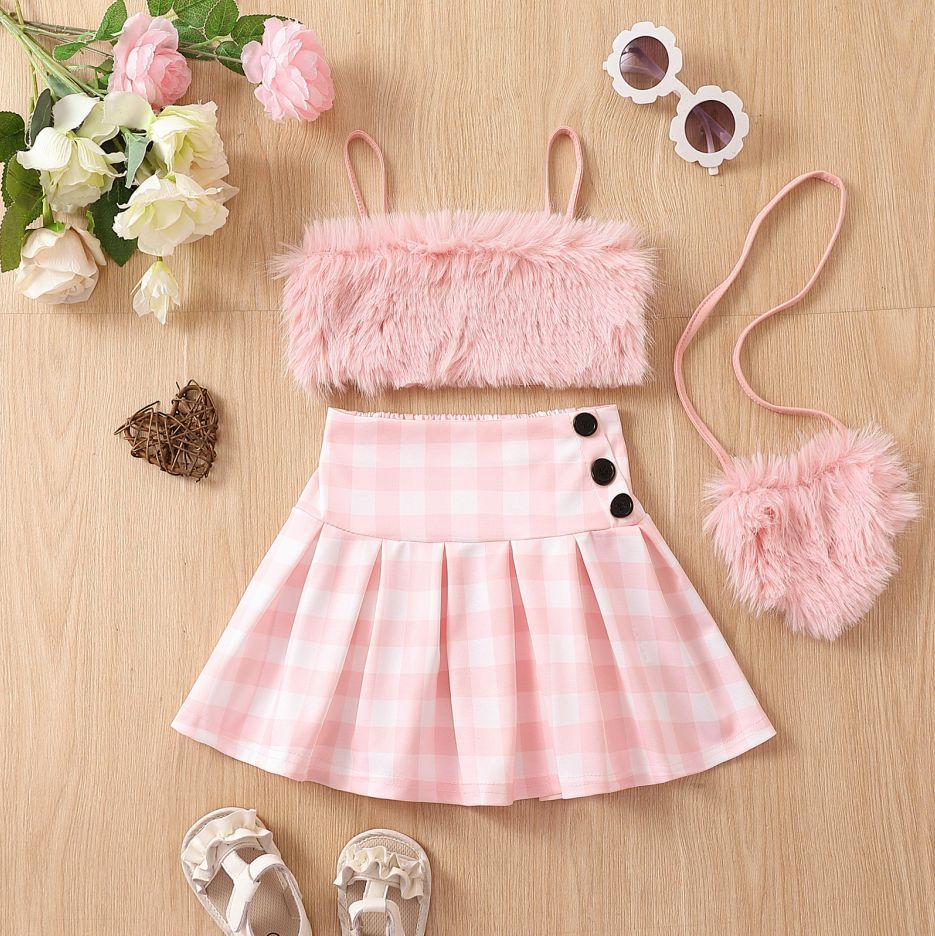 Girls' Plaid 3-Piece Outfit with Skirt, Slip & Matching Bag