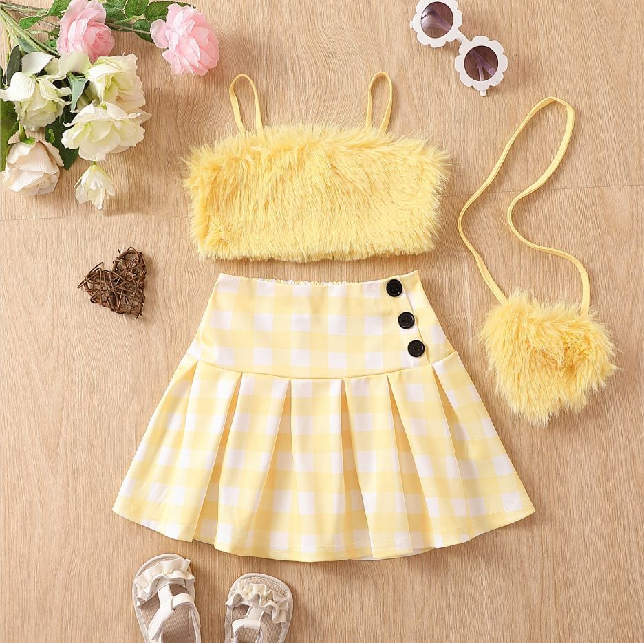 Girls' Plaid 3-Piece Outfit with Skirt, Slip & Matching Bag