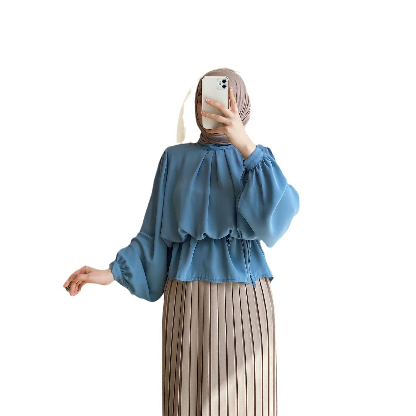 Pleated Skirt Suit with Puff Sleeves | طقم تنورة بليسيه أنيق بأكمام منفوخة