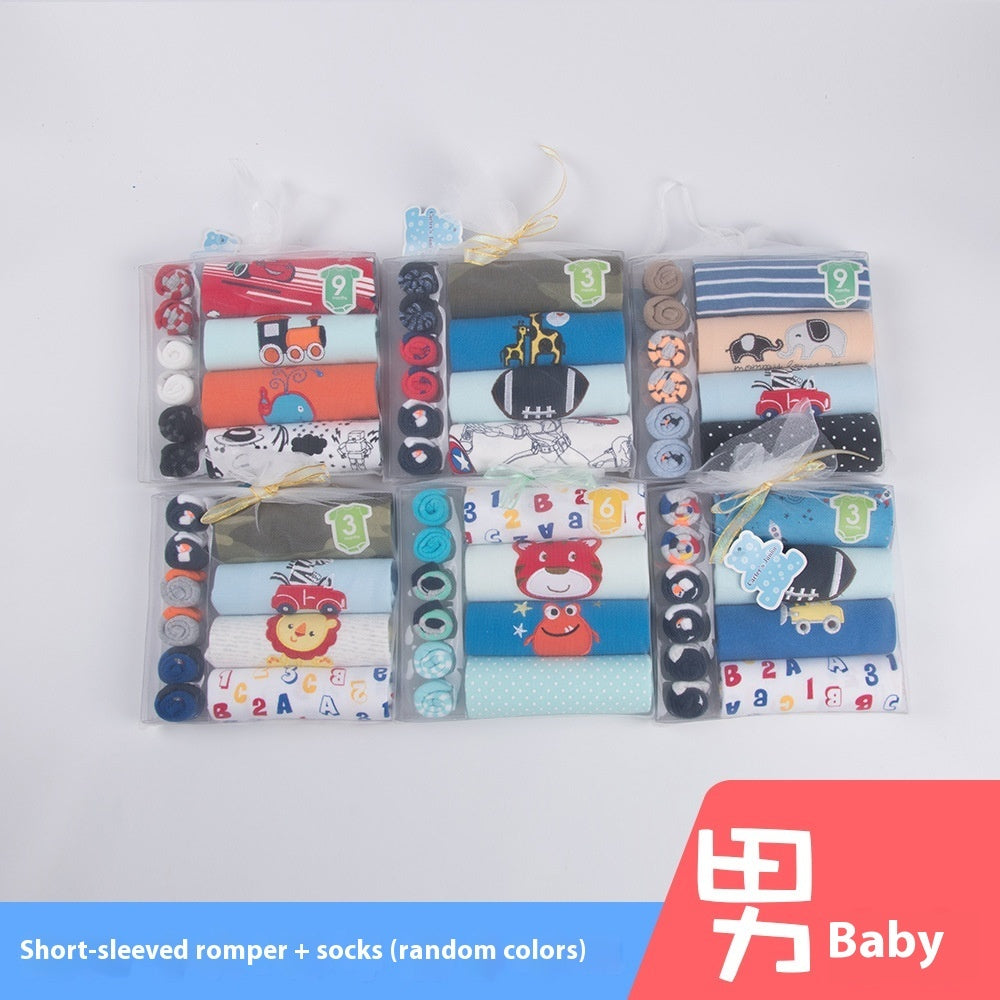 Baby Romper, Towel & Socks Gift Set – Cartoon Animal Print