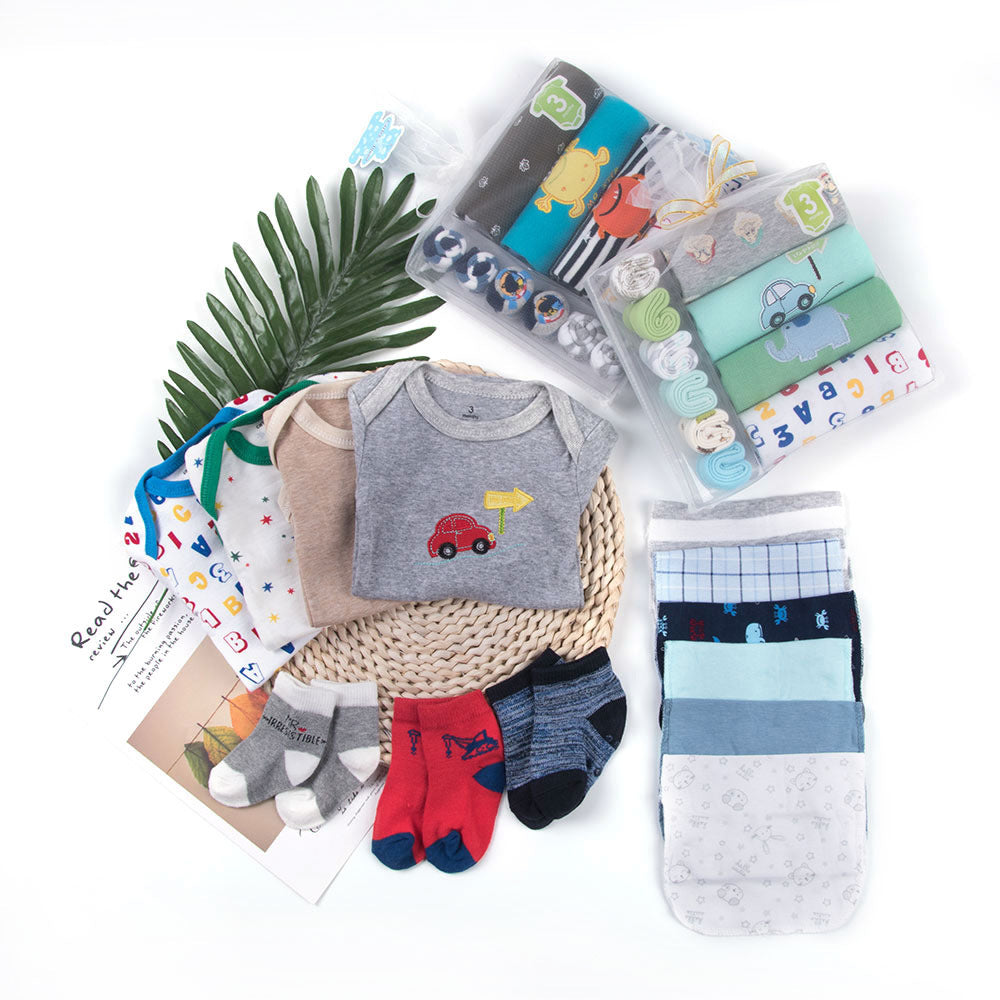 Baby Romper, Towel & Socks Gift Set – Cartoon Animal Print